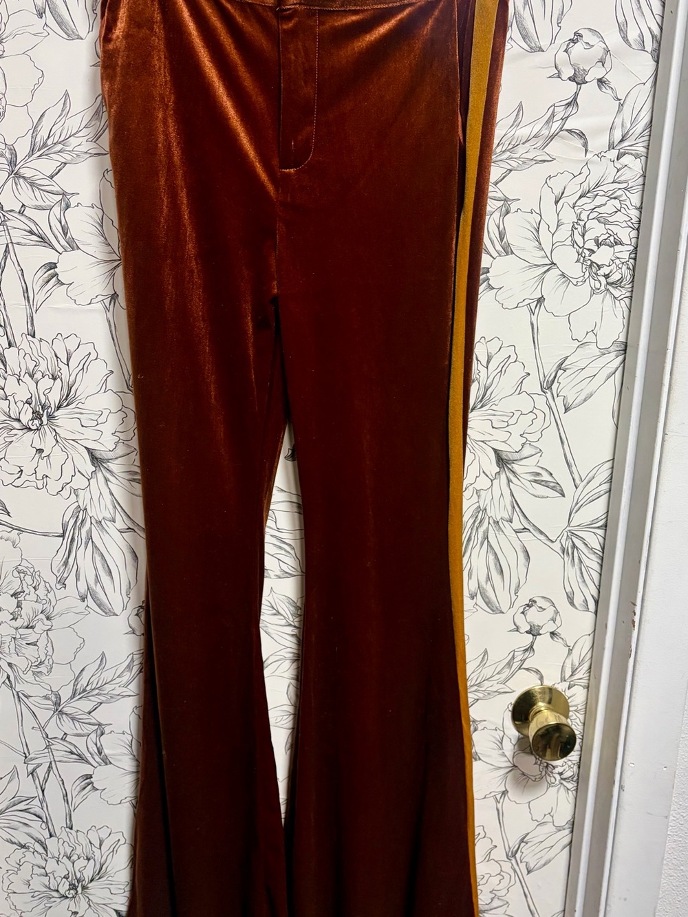 NWT Velvet Flare Pants with Gold Stripe Detail